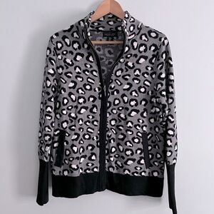 Rachel Zoe Black White Gray Leopard Full Zip Up Mock Neck Knit Cardigan